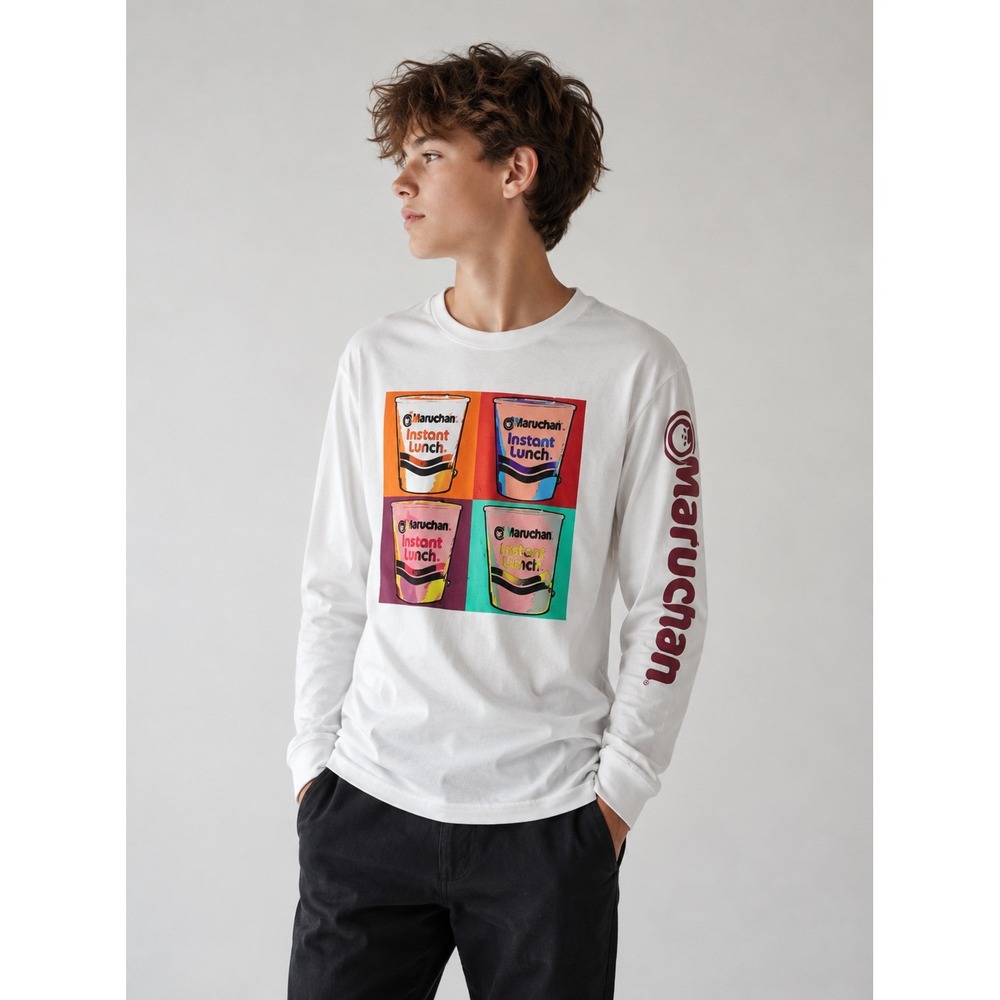 Maruchan Instant Lunch Ramen Pop Art Graphic Tee Boys M 7/8 White Long Sleeve